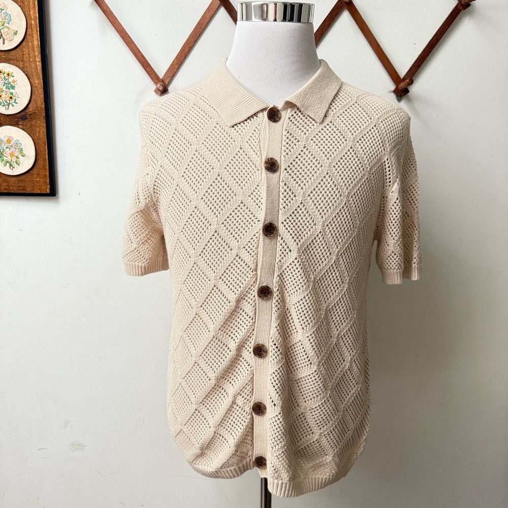 NWT Cream Short Sleeve Crochet Knit Button Up Shirt